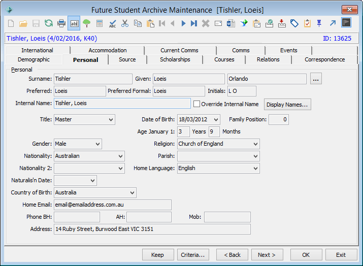 Future Student Maintenance - Personal tab (restoring a future student from the archive)