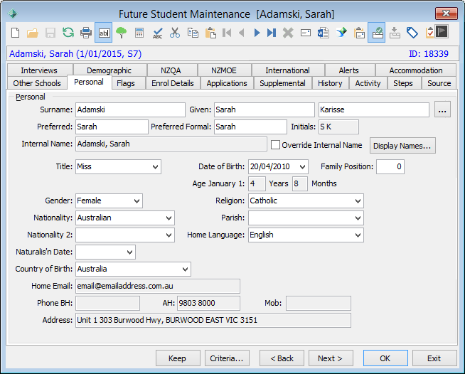 Future Student Maintenance - Personal tab