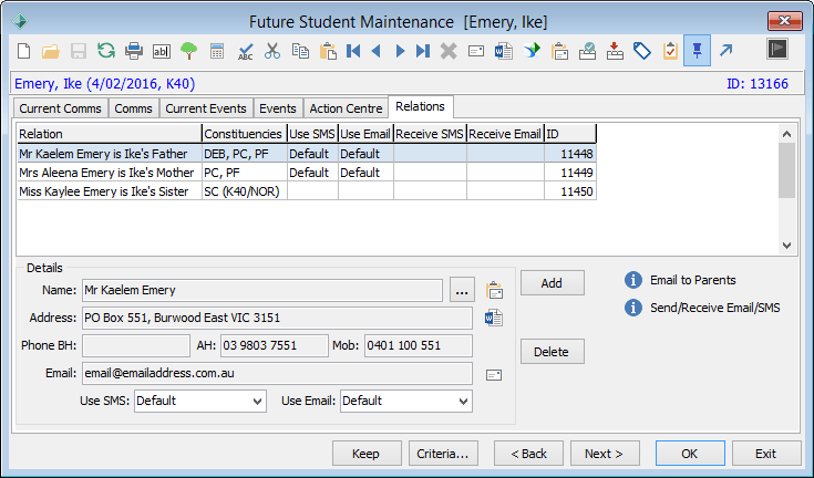 Future Student Maintenance - Relations tab (cut down)