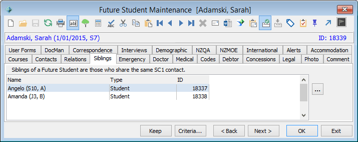 Future Student Maintenance - Siblings tab