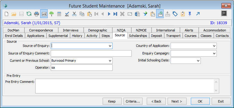 Future Student Maintenance - Source tab