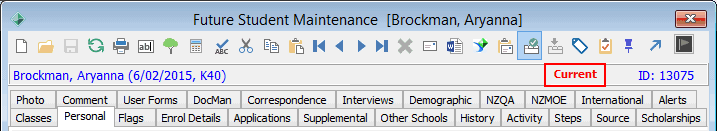 Future Student Maintenance - toolbar (transferred to current students)