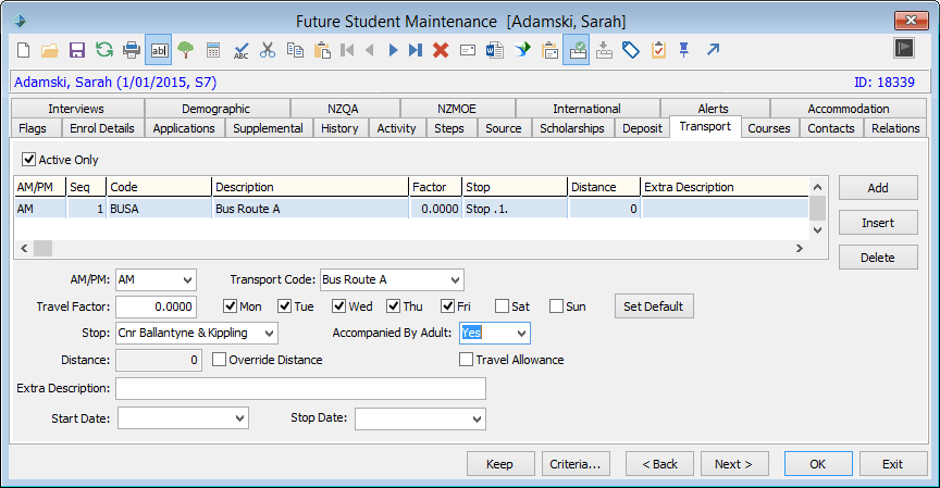 Future Student Maintenance - Transport tab
