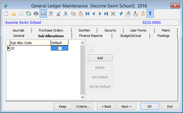 General Ledger Maintenance - Sub Allocations tab