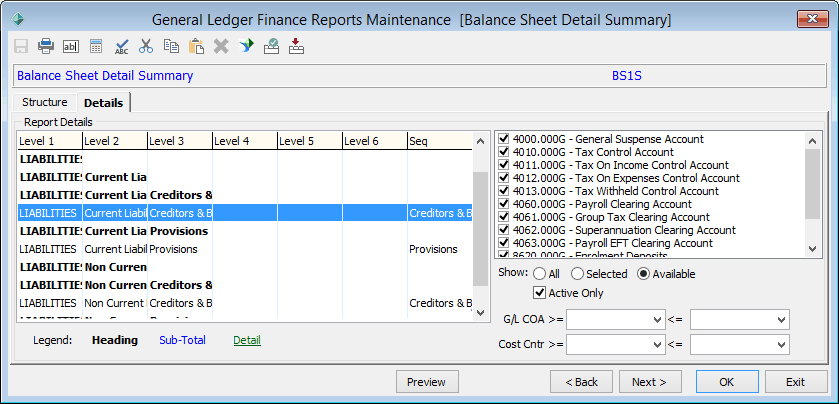 General Ledger Finance Reports Maintenance - Details tab (cut down)