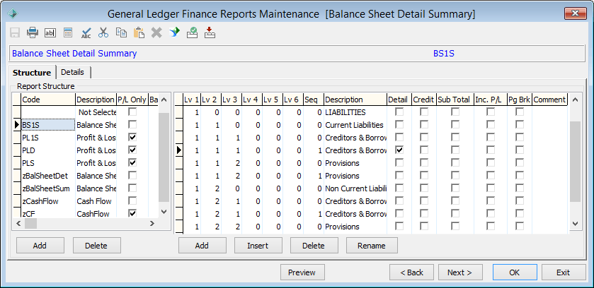 General Ledger Finance Reports Maintenance - Structure tab