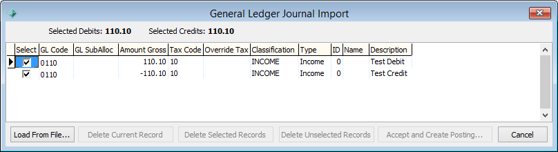 General Ledger Journals Import window (cut down)