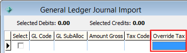 General Ledger Journal Import window (Override tax field highlighted)