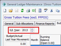 General Ledger Maintenance - Budget Actual tab (GL Year highlighted)