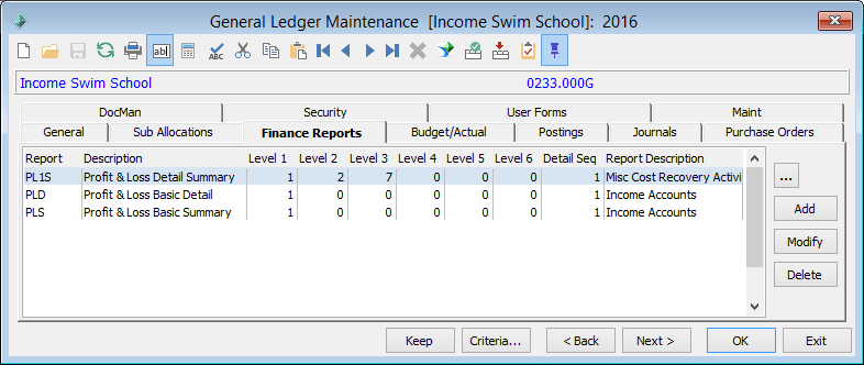 General Ledger Maintenance - Finance Reports tab
