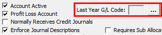 General Ledger Maintenance - General tab (cut down, last year GL code highlighted)