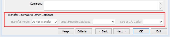 General Ledger Maintenance - General tab (Transfer Journals to Other Database fields, highlighted)