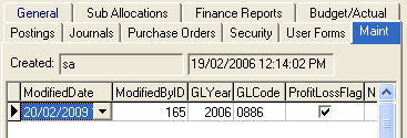 General Ledger Maintenance - Maint tab (cut down)