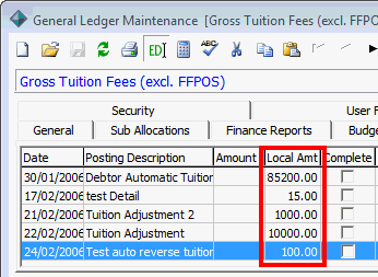 General Ledger Maintenance - Postings tab (cut down, local amount highlighted)