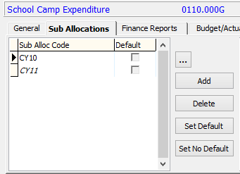 General Ledger Maintenance - Sub Allocations tab (cut down)