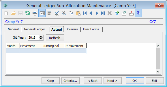 General Ledger Sub-Allocation Maintenance - Actual tab