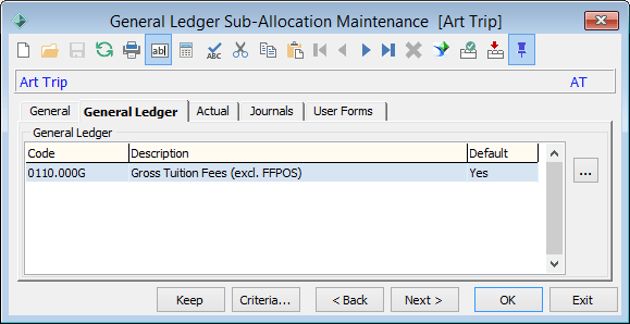 General Ledger Sub-Allocation Maintenance - General Ledger tab (100%)