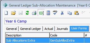 General Ledger Sub-Allocation Maintenance - User Forms tab (cut down)