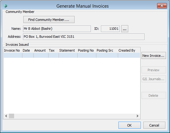 Generate Manual Invoices window