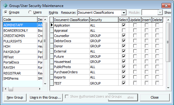 Group Security Maintenance - Groups View (DocumentClassification)