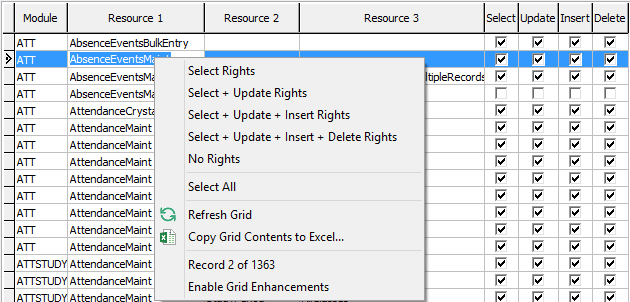 Group Security Maintenance - Groups View (grid area, right mouse menu)