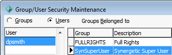 Group Security Maintenance - Users view (Synergetic Super User example)