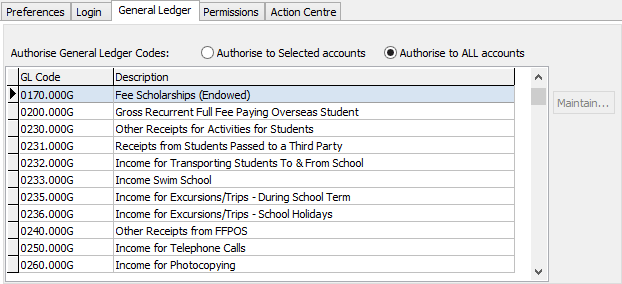 Group Security Maintenance - Users view - General Ledger tab