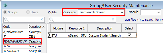 Group User Security Maintenance (User Search Screen example)
