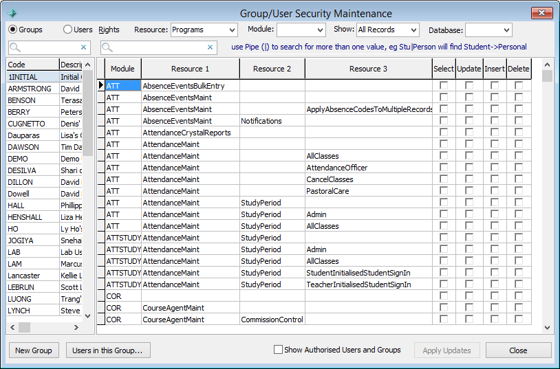 Group Security Maintenance - Groups view