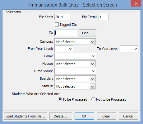 Immunisation Bulk Entry - Selection Screen