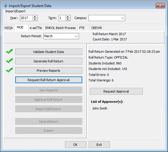 Import-Export Student Data - MOE tab (Request roll return approval, v68)