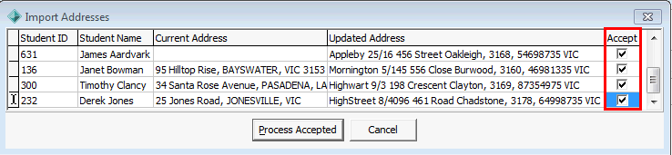 Import Addresses window