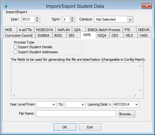 Import/Export Student Data - AIMS tab