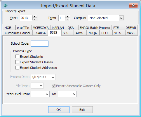 Import/Export Student Data - BSSS tab