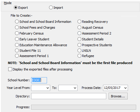 Import/Export Student Data - CEO tab (Export mode fields)