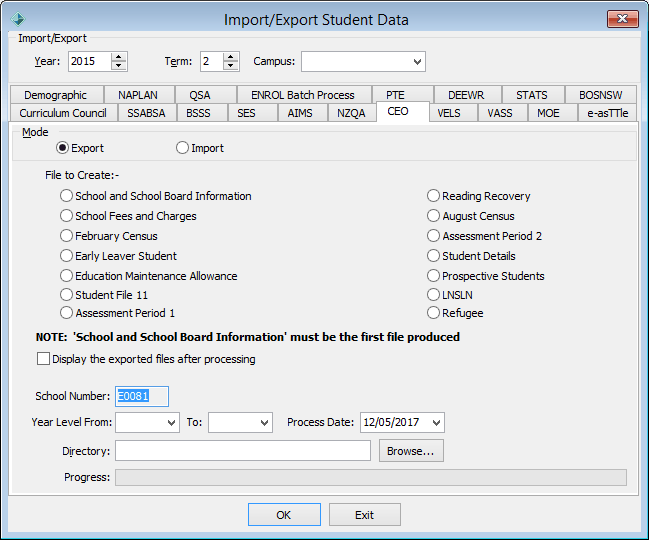 Import/Export Student Data - CEO tab