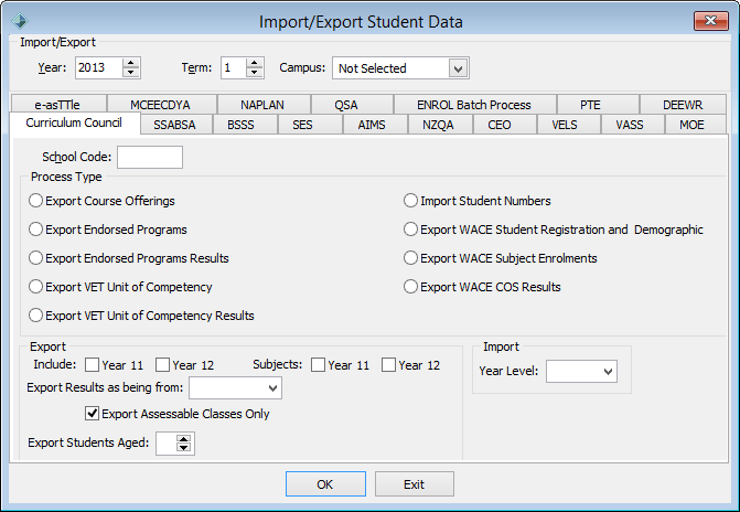 Import/Export Student Data - Curriculum Council tab