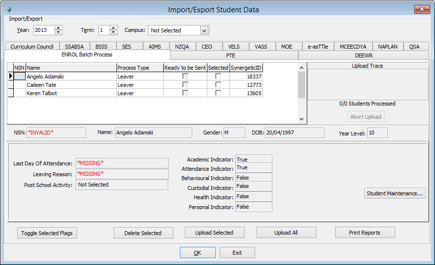 Import/Export Student Data - ENROL Batch Process tab
