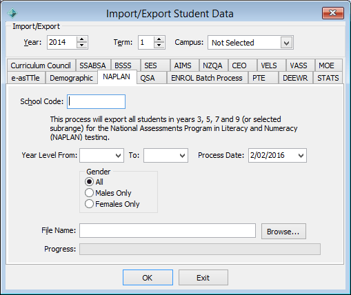 Import/Export Student Data - NAPLAN tab