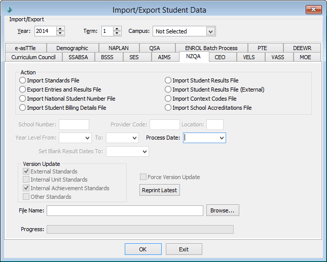 Import/Export Student Data - NZQA tab