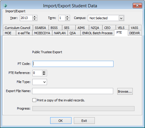 Import/Export Student Data - PTE tab