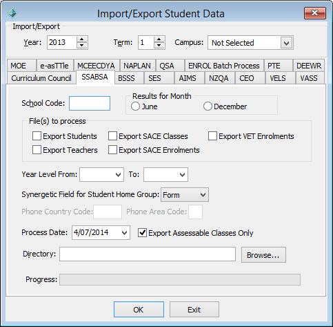 Import/Export Student Data - SSABA tab