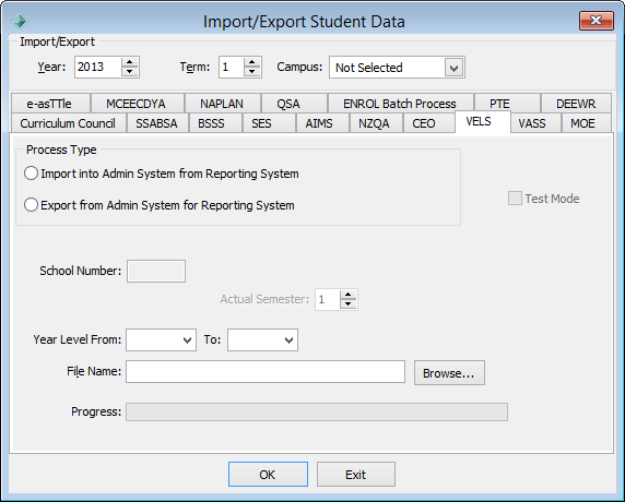 Import/Export Student Data - VELS tab