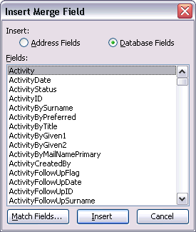 Insert Merge Field window
