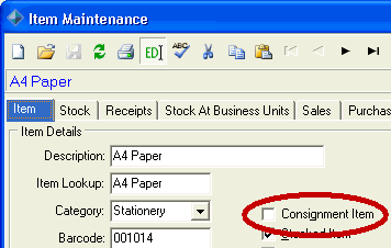 Item Maintenance - Item tab - Consignment Item field highlighted