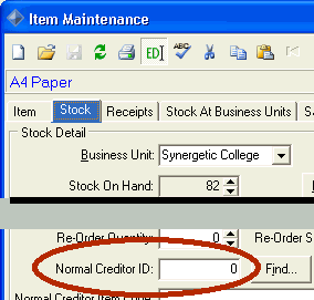 Item Maintenance - Stock tab (highligted Normal Creditor ID)