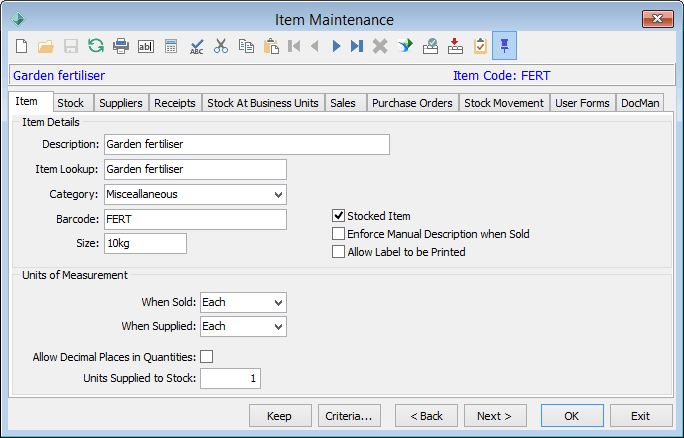 Item Maintenance - Item tab