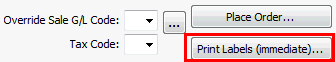 Item Maintenance - Stock tab (cut down, print labels highlighted)