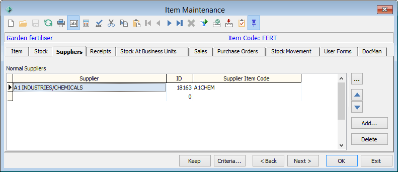 Item Maintenance - Suppliers tab