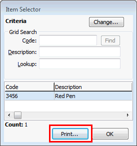 Item Selector window (Print button highlighted)